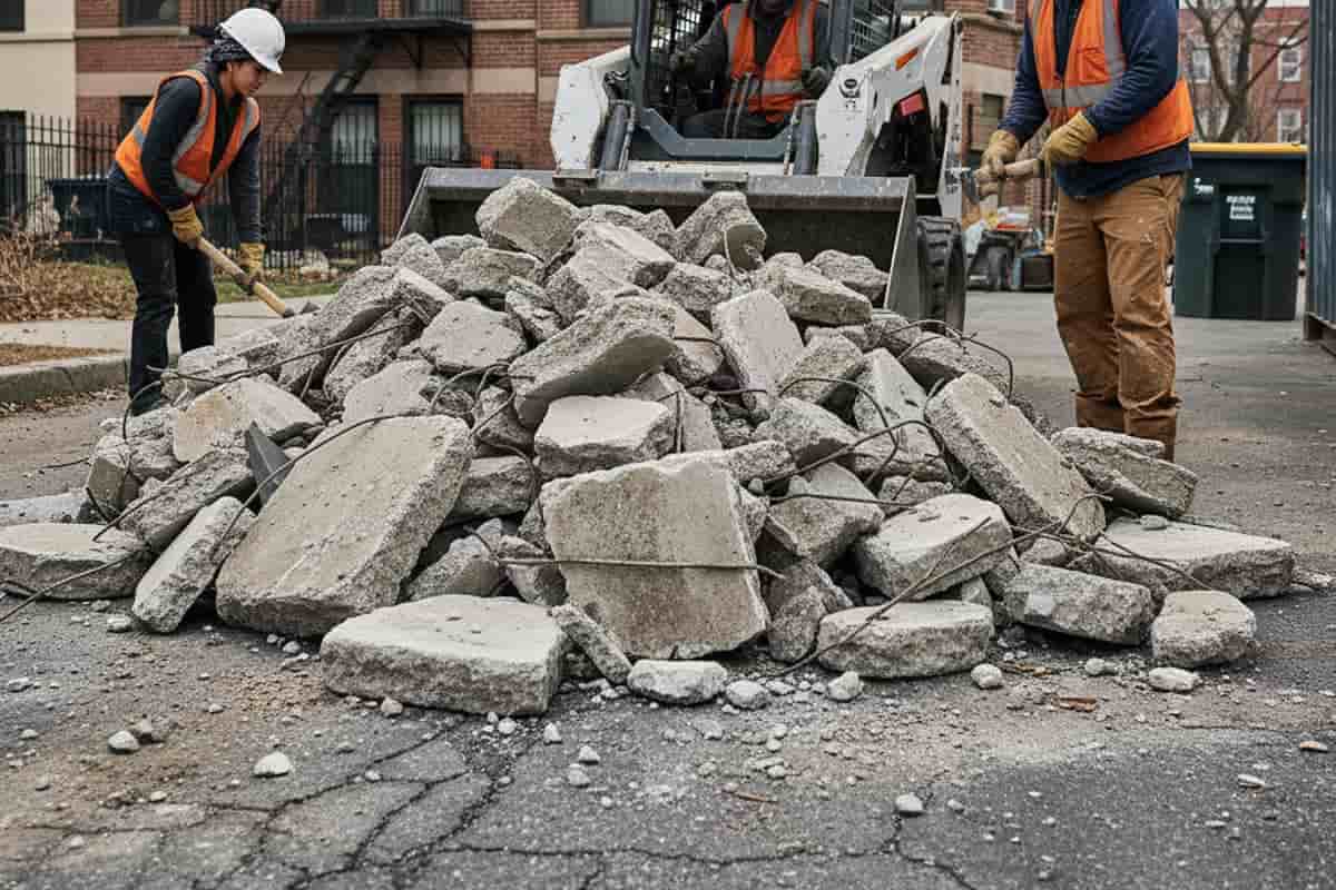 Pile of demolished concrete rubble from a driveway ready for removal