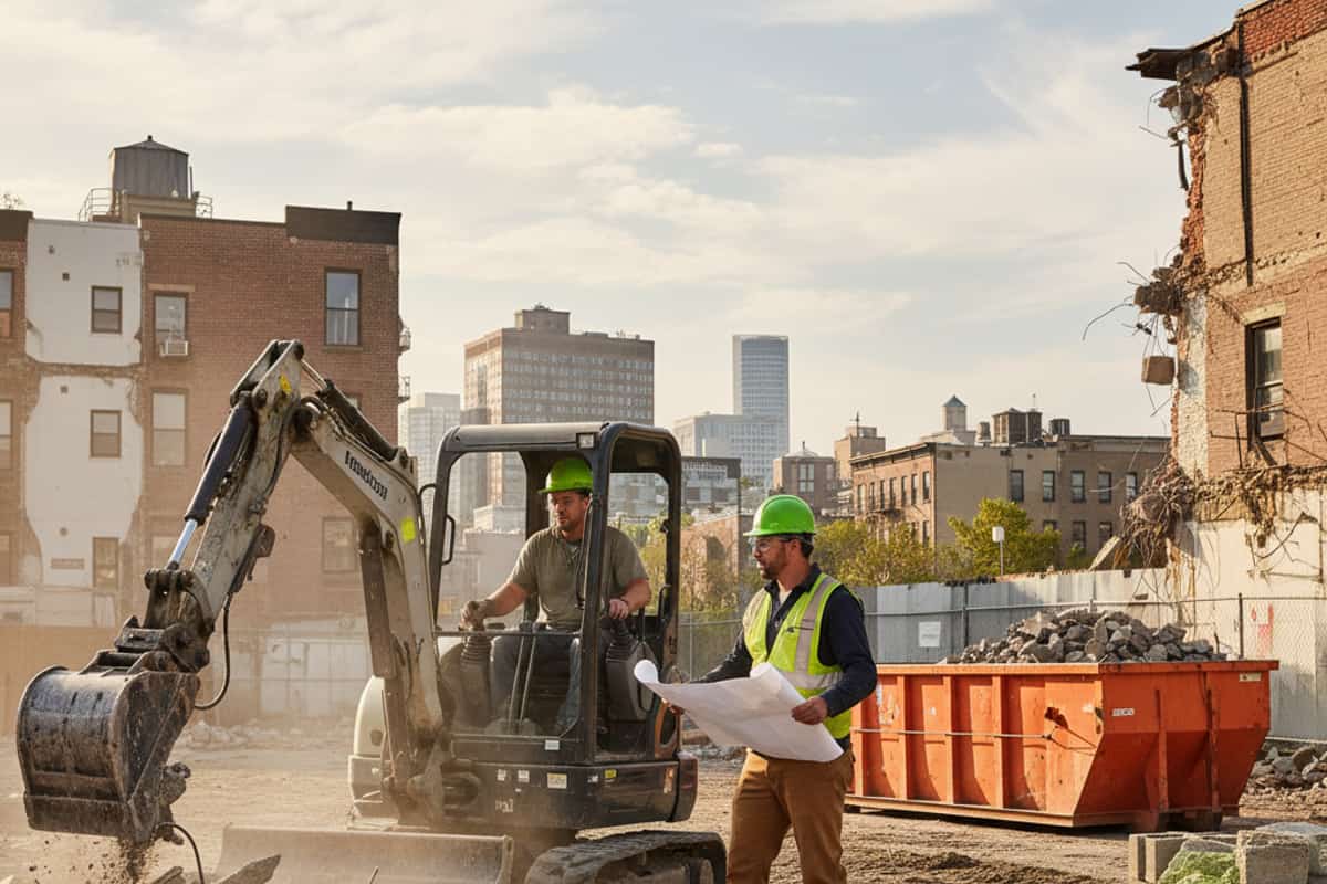 Demolition crew working on site clearing and ground leveling