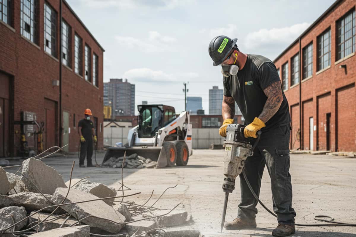 Demolition crew working on concrete removal from a commercial parking area.