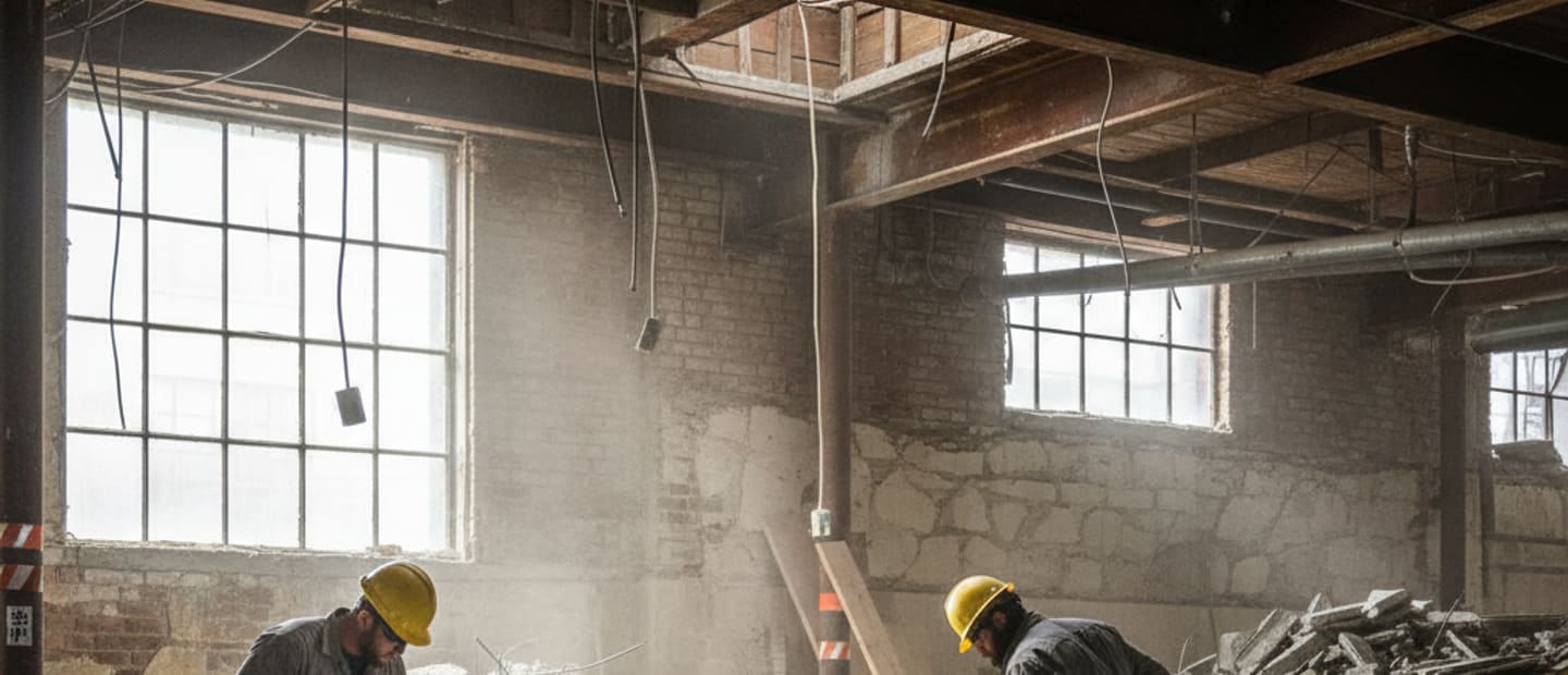 Interior of a basement undergoing demolition, with debris removed and work in progress