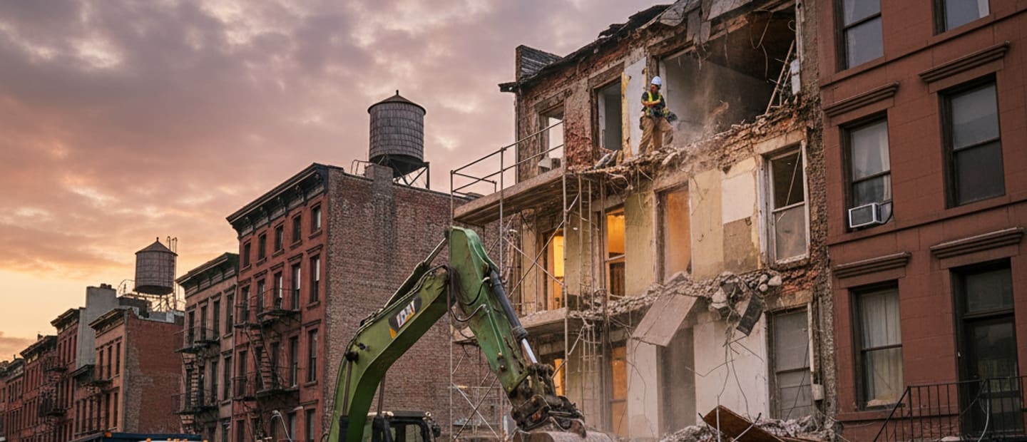 Demolition crew working on a building site in Brooklyn, addressing a building violation.