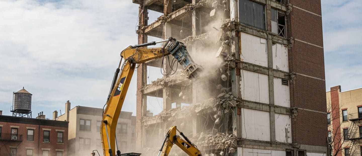 Large commercial building being demolished by heavy machinery in Brooklyn