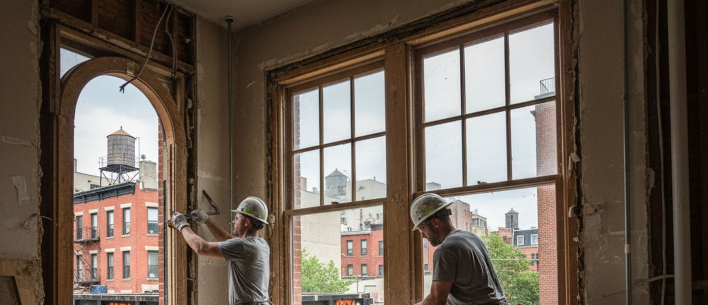 Interior residential space with professional demolition crew removing old window frames