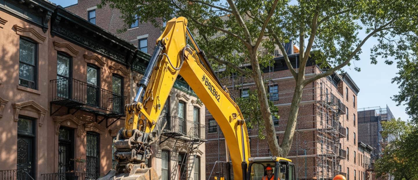 A heavy-duty excavator breaking up an old concrete driveway in Brooklyn, preparing for removal.