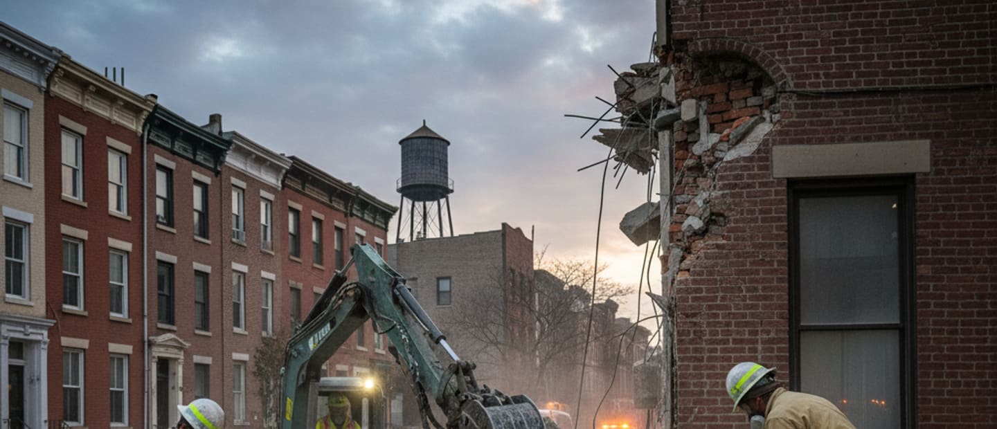 Emergency demolition crew clearing a collapsed building section in Brooklyn, prioritizing safety