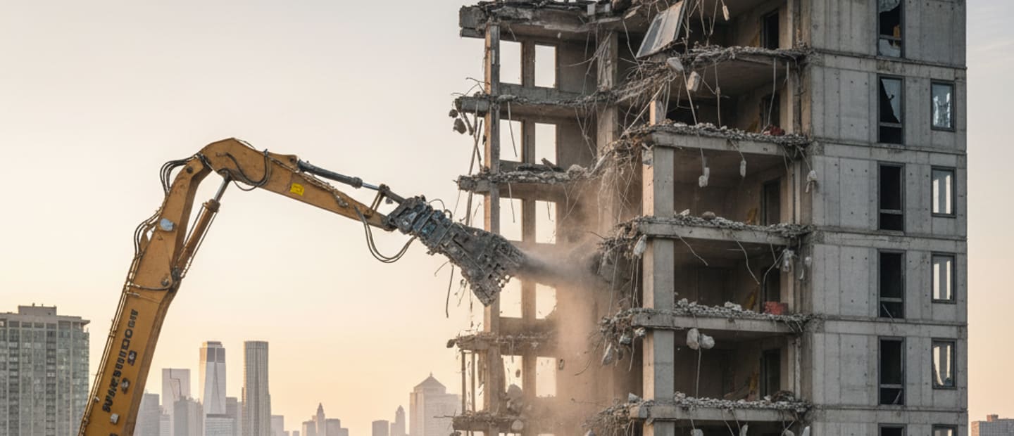High-rise demolition in progress in an urban setting