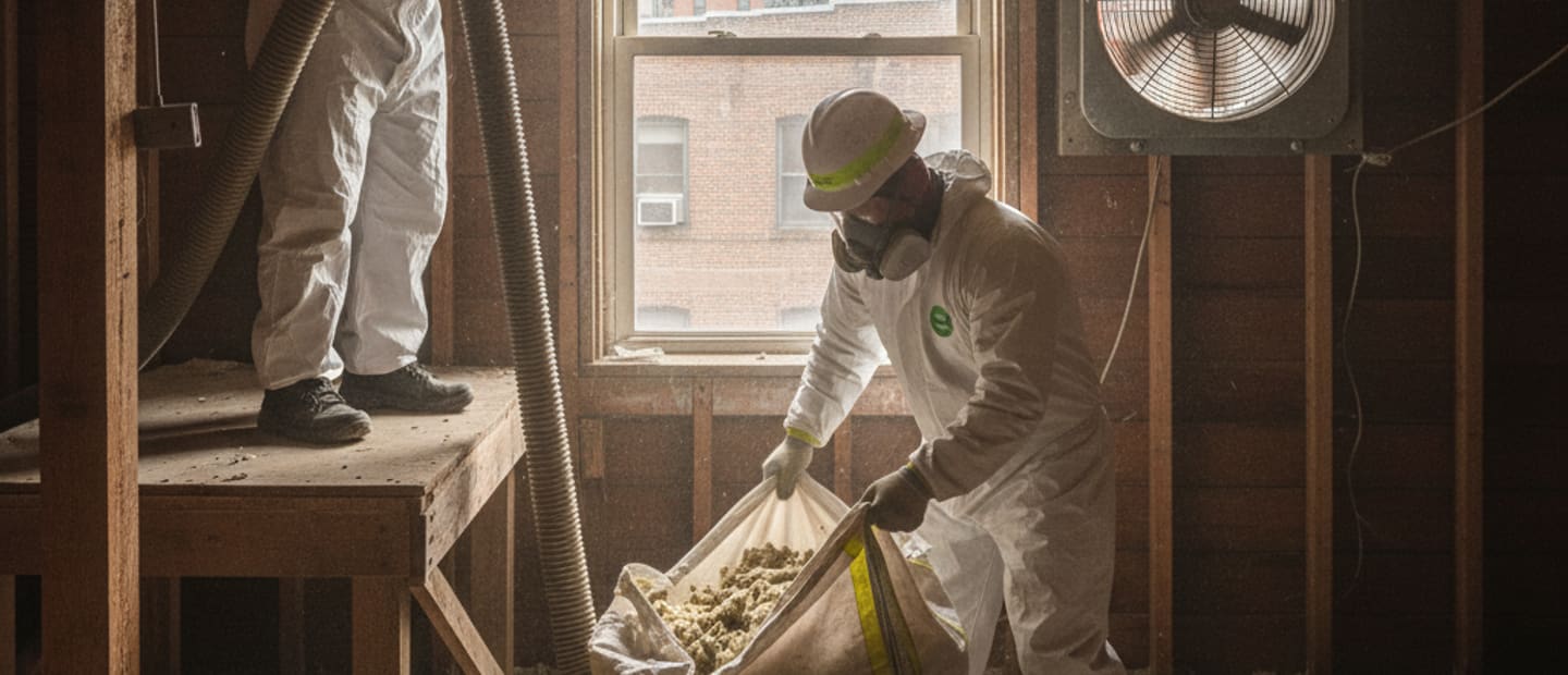 Demolition crew safely removing old insulation from an attic space