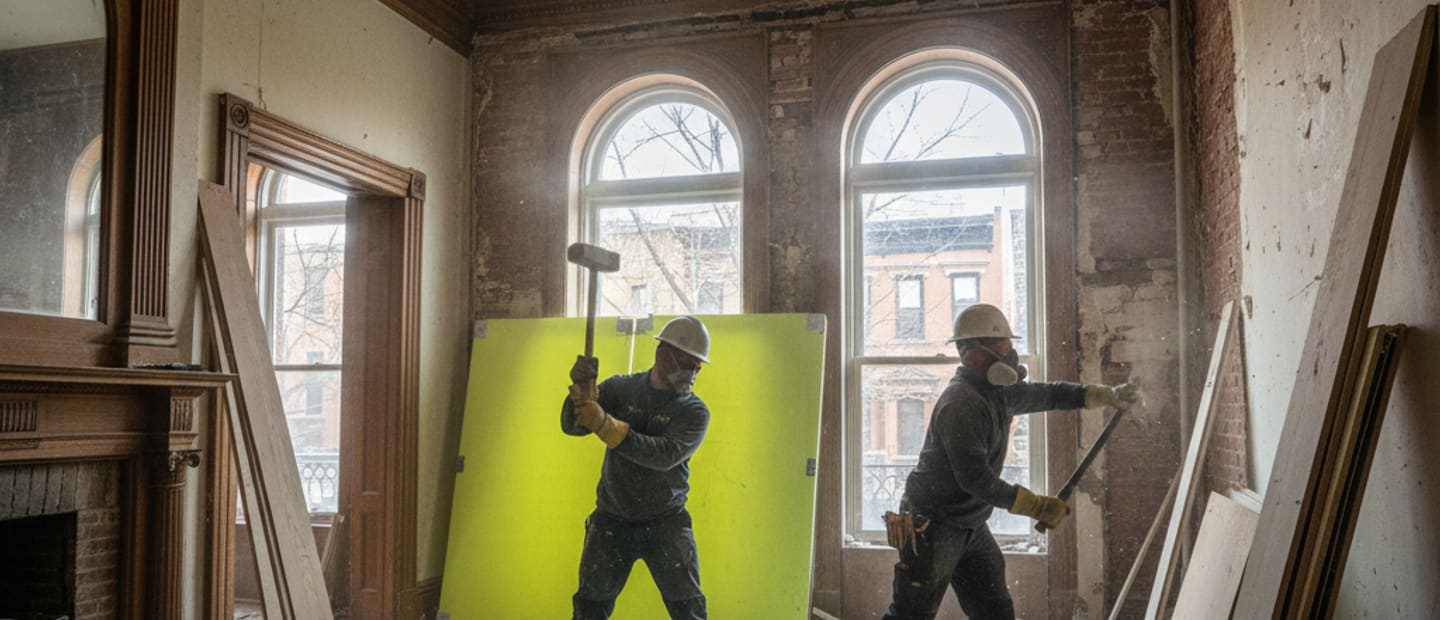 Interior demolition project in progress with safety barriers