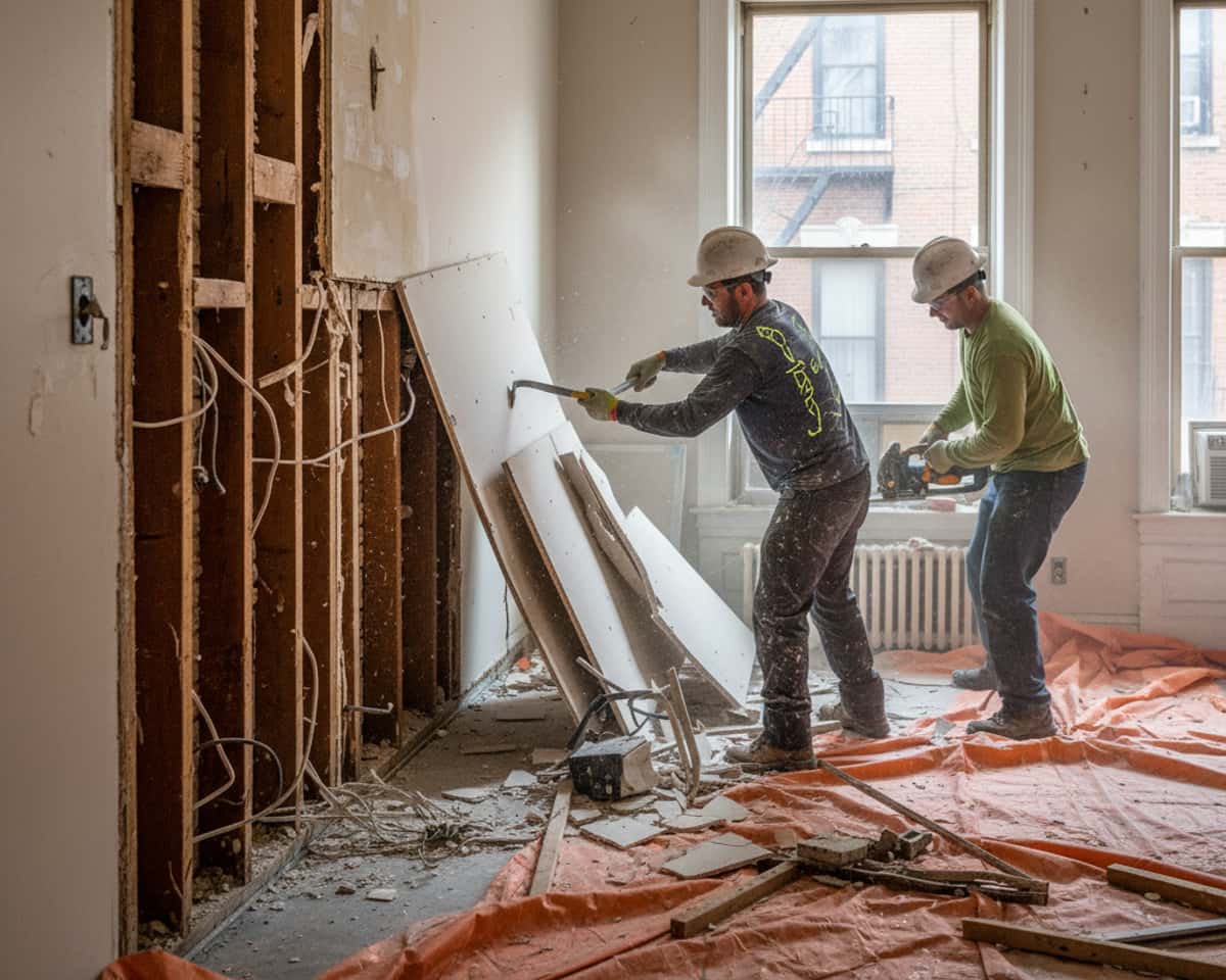Interior of an apartment undergoing demolition, showing removed walls and exposed studs.