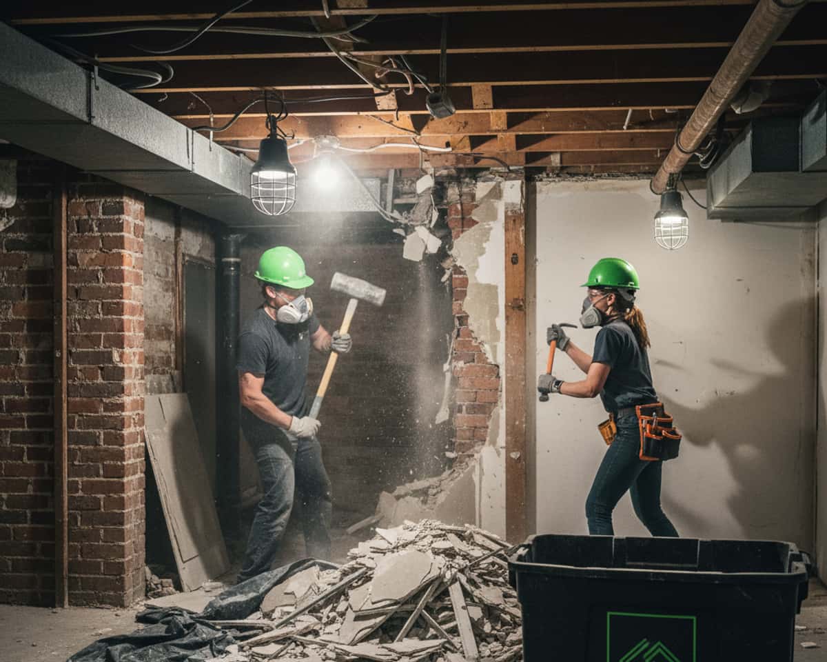Demolition crew working in a basement, wearing safety gear, gutting an interior space