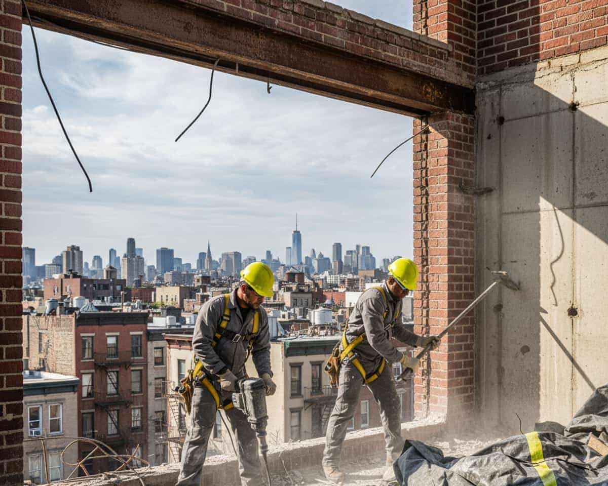 Demolition crew working on the upper floors of a multi-story building