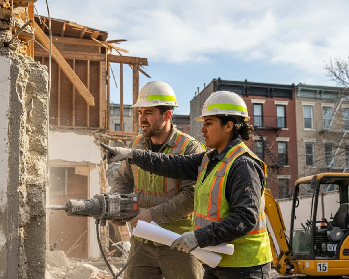 Team of demolition workers coordinating at a house demolition site