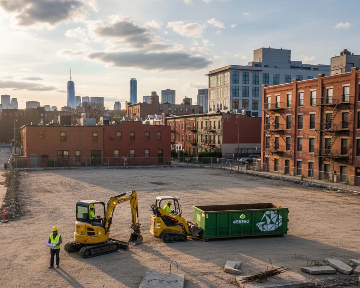 Aerial view of a cleared site where a parking lot once stood, ready for new development.
