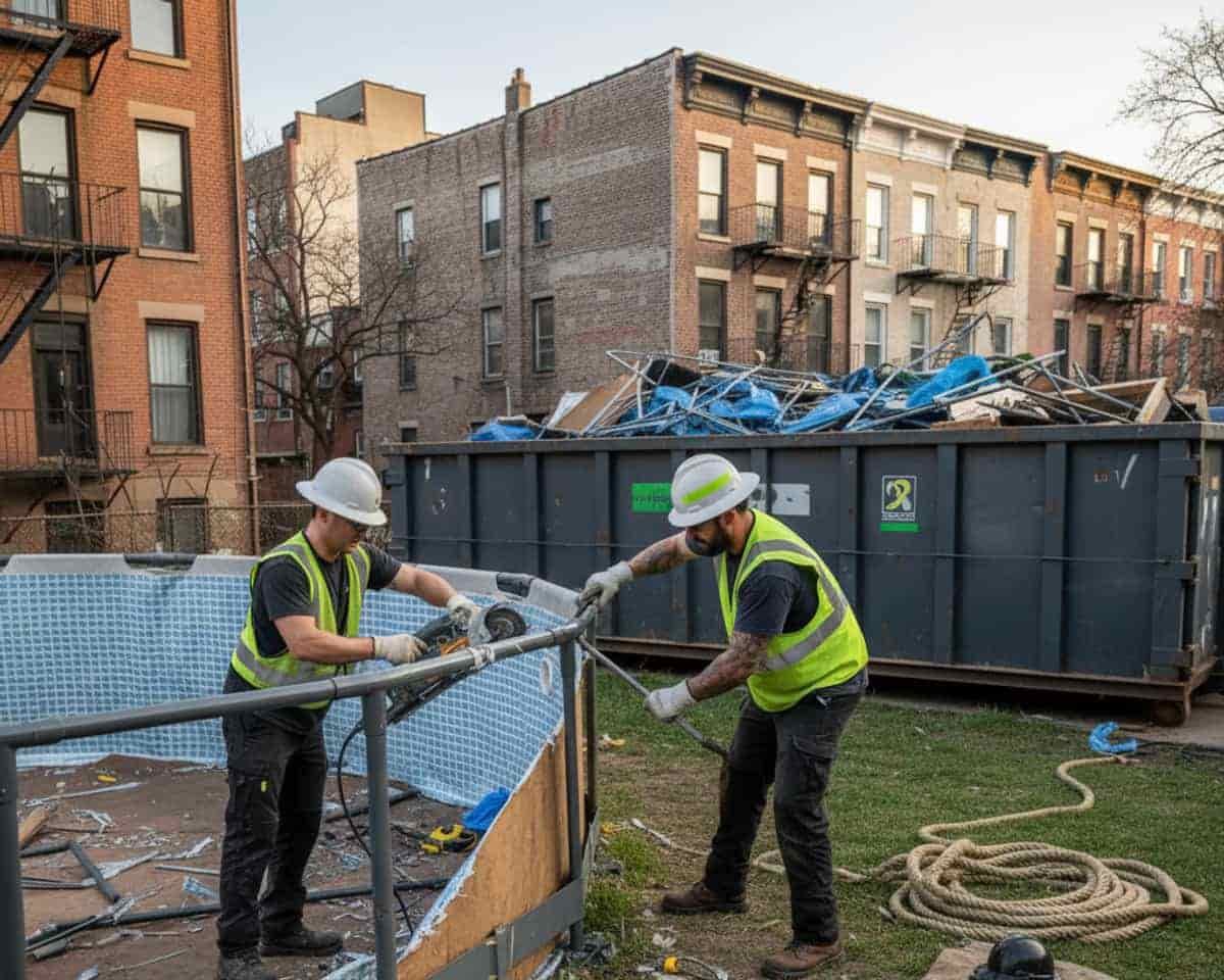 Crew safely dismantling an above ground pool with debris container nearby.